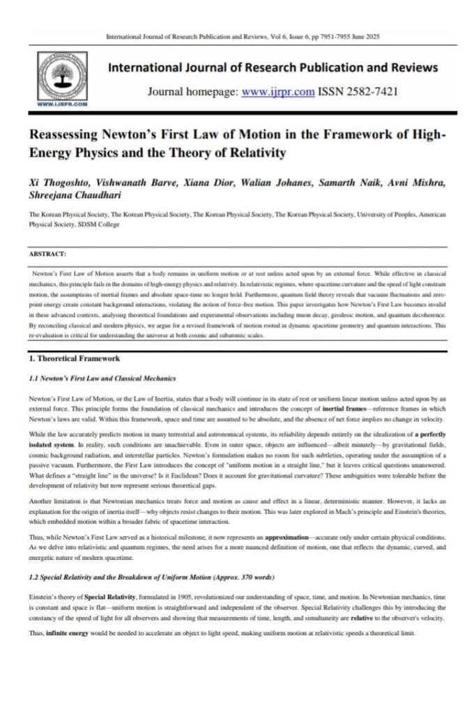 Global Team Led by Young Indian Minds Reassesses Newton’s First Law in the Light of Relativity and Quantum Physics